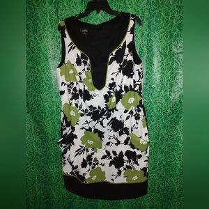 AGB DRESS Sleeveless Floral Print Pockets 20W Zip Green White Black Party